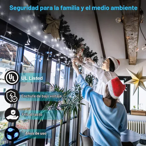 Vista 4 de 612 luces LED de Navidad de 60 pies con 136 gotas, 12 modos regulables, luces colgantes blancas frías al aire libre con memoria de temporizador
