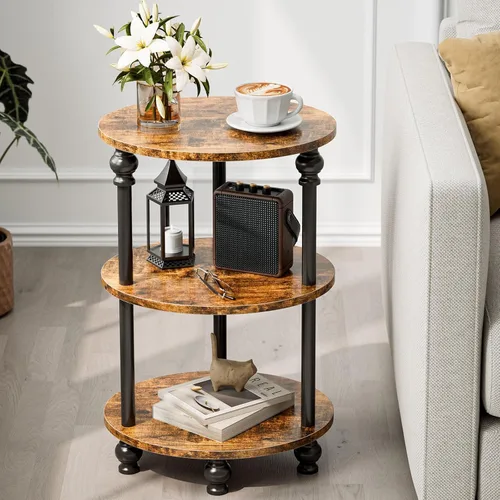 Vista 24 de Mesa auxiliar redonda pequeña – Mesa decorativa ovalada de 3 niveles para espacios pequeños, mesa auxiliar de sofá de madera rústica y metal, mesita