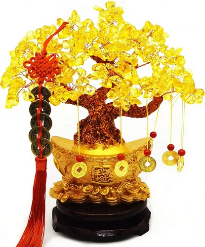 Vista 8 de Colorsheng Árbol de cristal de cuarzo amarillo Feng Shui, árbol de dinero estilo bonsái, decoración para suerte y riqueza (macetas de dragón)