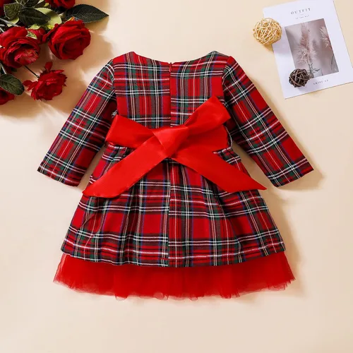 Vista 4 de Vestido de moda tutú para niños y niñas, traje de Navidad rojo a cuadros vestido de manga larga
