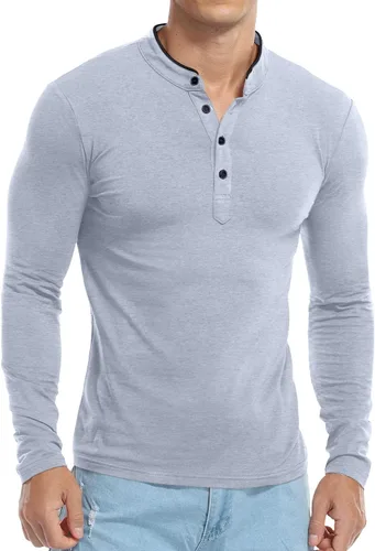 Vista 4 de KUYIGO Camisas de manga larga estilo polo para hombre, estilo informal, cuello mandarín, ajustadas, de algodón
