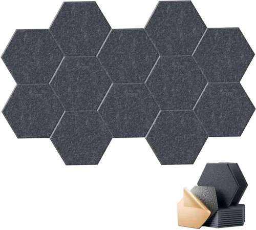 Vista 16 de HONORIA Paquete de 12 paneles acústicos, paneles de pared insonorizados, paneles hexagonales autoadhesivos de 12 x 10 x 0.4 pulgadas, paneles