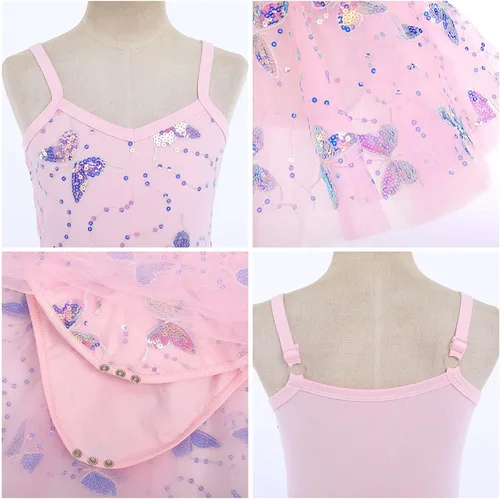 Vista 5 de AFAVOM Camisola de lentejuelas de mariposa para niñas, vestido de ballet con volantes, falda tutú con purpurina, leotardo, disfraz de bailarina