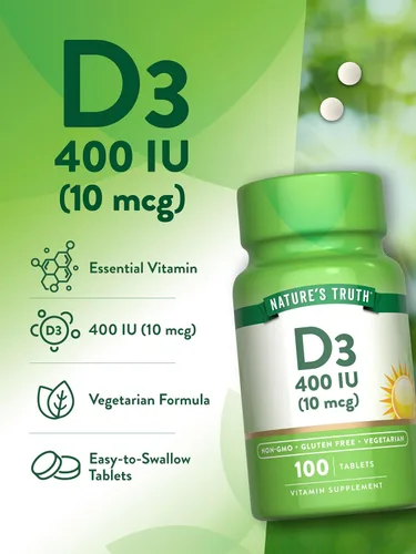 Vista 5 de Vitamina D3 400 iu (10 mcg) 100 tabletas Vegetariano, sin OMG, suplemento sin gluten Por Nature's Truth