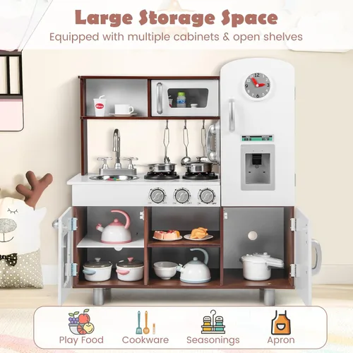 Vista 4 de Costzon Juego de cocina para niños, cocina de simulación para niños pequeños con utensilios, horno, gabinetes, grifo, fregadero, teléfono