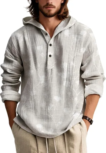 Vista 13 de Sudaderas con capucha con estampado floral retro para hombre, estilo bohemio, con botones, manga larga, sudaderas de gran