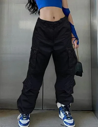 Vista 4 de Wyeysyt Pantalones cargo para mujer Y2K con múltiples bolsillos, pantalones holgados de cintura alta, pantalones de senderismo fruncidos
