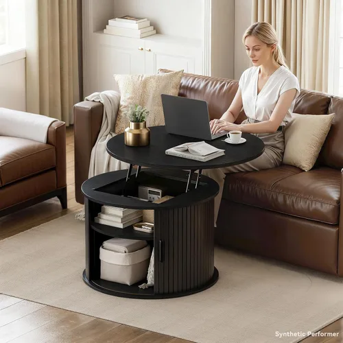 Vista 6 de FABATO - Mesa de centro redonda con tapa de elevación acanalada, puerta corredera, color negro Small Coffee Table with Fluted Sliding Door, Hidden