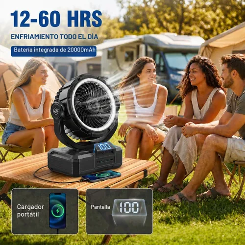 Vista 4 de Ventilador de camping recargable de 9 pulgadas 【Oscilante automático, máximo 60H】Ventilador portátil de 20000 mAh, funciona con pilas, luz Negro