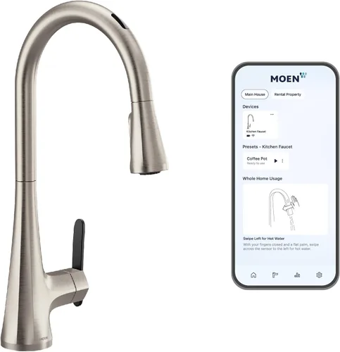 Vista 25 de Moen Sinema grifo de cocina desplegable de acero inoxidable con aumento de potencia y sistema retráctil, llave de cocina moderna de arco alto, fácil