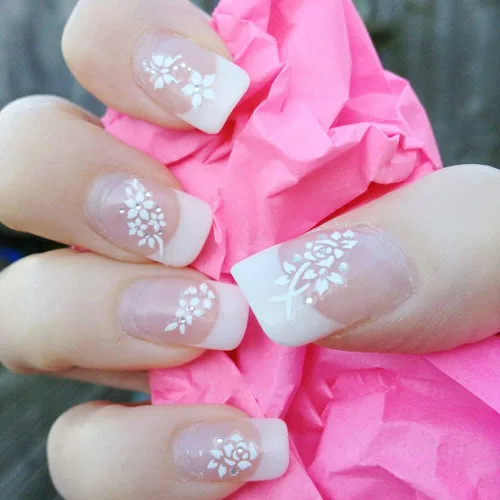 Vista 3 de Calcomanías de arte de uñas de flores, calcomanías autoadhesivas 3D blancas con diamantes de imitación para uñas, decoraciones, puntas de manicura