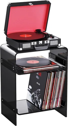 Vista 17 de Mesa de tocadiscos de acrílico con estante de almacenamiento, mesa auxiliar transparente mesita de noche (negro, mediano)