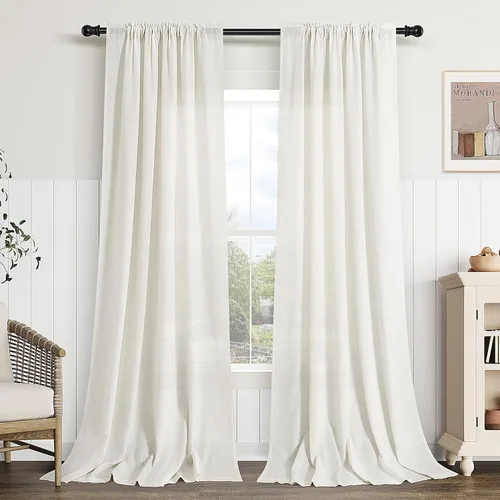 Vista 65 de Cortinas de lino verde aguamarina de 84 pulgadas de largo, juego de 2 paneles semitransparentes con bolsillo para barra para comedor, decoración