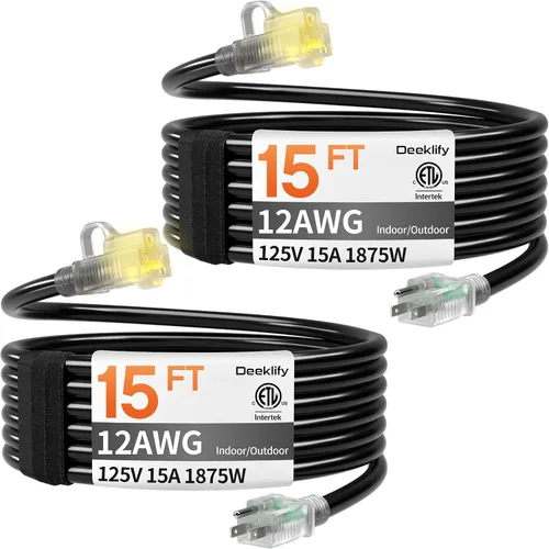 Vista 8 de Cable de extensión para exteriores de servicio pesado de calibre 12 de 50 pies con extremo iluminado, resistente al agua, cable de extensión de Negro