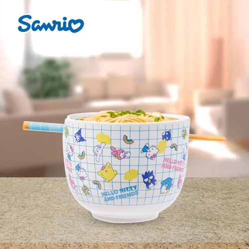 Vista 48 de Silver Buffalo Hello Kitty y sus amigos Chococat - Tazón de cerámica para ramen y arroz con palillos, patrón a cuadros, apto para microondas, 20