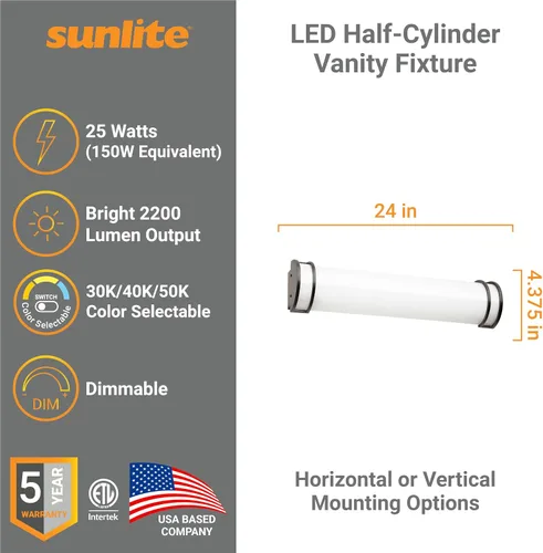 Vista 2 de Sunlite 81371 Lámpara LED de tocador de medio cilindro de 24 pulgadas, 25 vatios (equivalente a 150 W), 2200 lúmenes, 3 CCT ajustable 3000K-5000K