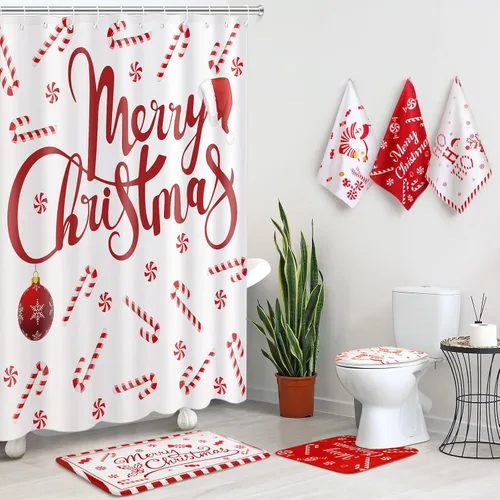 Vista 11 de Newwiee Juego de 7 Piezas para Baño de Navidad Decoración de Cortina de Ducha Xmas Cortina de Ducha Alfombras Antideslizantes y Toallas de Cocina 3