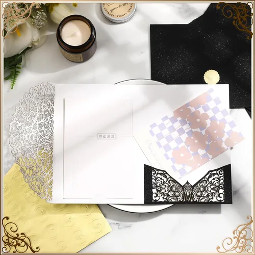 Vista 6 de PerKoop Juego de 100 invitaciones de boda cortadas con láser de 5 x 7 pulgadas con sobres y calcomanías de sello de cera, kit de tarjetas
