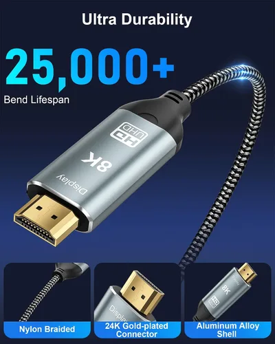 Vista 6 de Cable USB C a HDMI 2.1 de 8K de 3.3 pies - 8K a 60Hz, 4K a 120Hz (compatible con Thunderbolt 3/4) Cable trenzado de alta velocidad de 48 Gbps tipo C