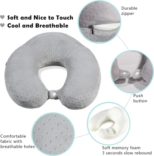 Vista 4 de Almohada de viaje para dormir, almohada de viaje de espuma viscoelástica gris en forma de U, almohada de avión para cabeza y cuello, almohada