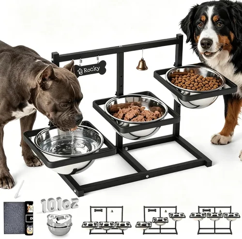 Vista 12 de Cuencos elevados para perros grandes, soporte elevado de 6 alturas ajustables con paspartú, dos tarjetas distintivas y tres cuencos de 57.5 fl oz