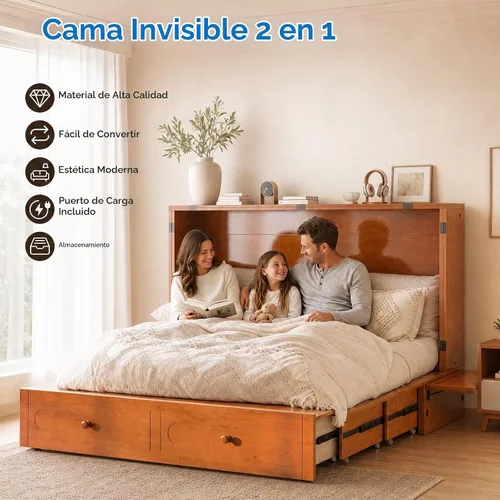Vista 3 de Mjkone Armario de cama Queen Murphy con colchón de tres pliegues, color Cereza