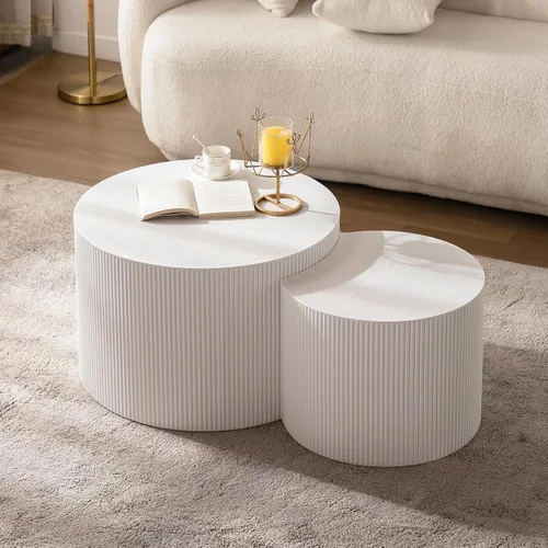 Vista 12 de Juego de 2 mesas auxiliares redondas de travertino de 18 pulgadas (travertino) for Living Room, Travertine Side End Table, Nested Design, Mid
