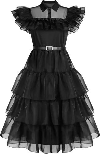 Vista 2 de Bostetion Wednesday Addams - Vestido para niños y niñas, disfraz familiar Addams, Halloween, cosplay, fiesta, 6-12 años