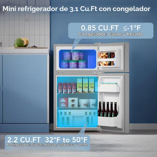 Vista 2 de Electactic - Mini refrigerador de 3.2 pies cúbicos con congelador para dormitorio, oficina, gris 2 Reversible Doors, Adjustable Thermostat &