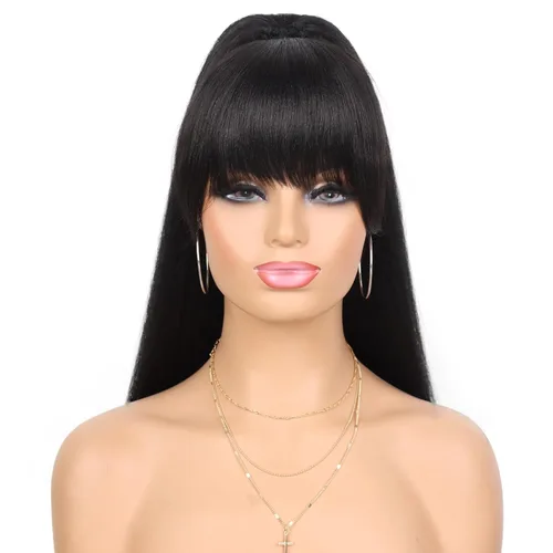 Vista 8 de Peluca rizada con flequillo corto afro para mujeres negras, G&T Wig, rizos esponjosos, flequillo clip-in (1B, flequillo simple)