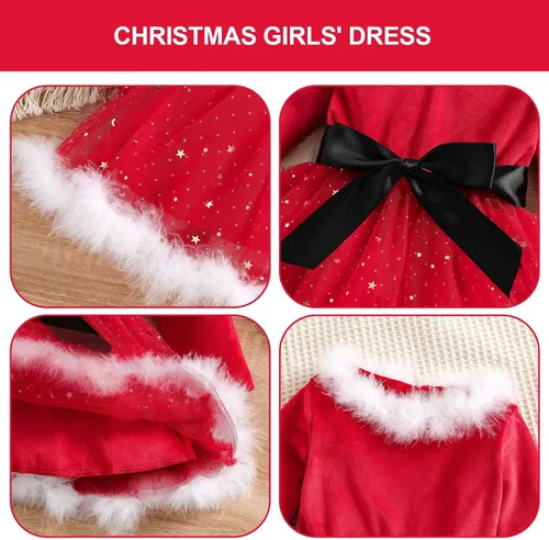 Vista 6 de BBAUER Disfraz de Santa Claus, vestido de manga larga de Xmmas Mrs. Claus, traje de Papá Noel con ribete fruncido, lazo rojo de la señora Claus