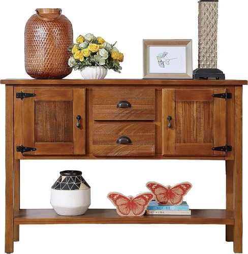 Vista 12 de LKTART Mesa Consola de Madera Maciza Estilo Granja, Mesa de Sofá con Cajones de Almacenamiento y Estantes, Mesa de Entrada para Recibidor, Pasillo
