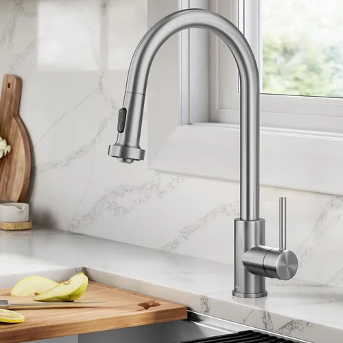 Vista 25 de KRAUS Bolden - Grifo de cocina de estilo comercial con mango individual de dos funciones desplegable en bronce champán antiguo libre de manchas