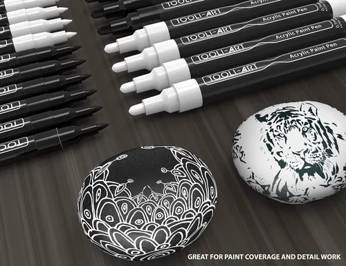 Vista 3 de TOOLI-ART Juego de marcadores de pintura acrílica en blanco y negro para pintura de roca, lienzo, tazas, metal, pintura de vidrio, tela, madera