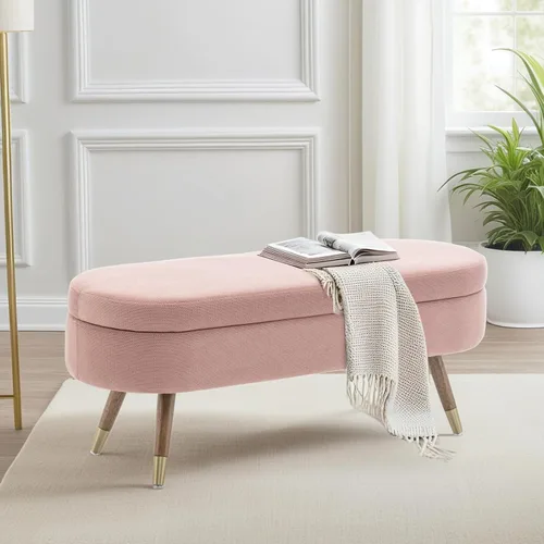 Vista 10 de IAFIKE Banco de almacenamiento ovalado de 43.5" Banco otomano tapizado de tela bouclé Banco reposapiés con patas de metal dorado, extremo de cama