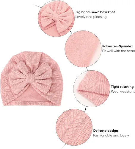Vista 5 de DRESHOW BQUBO 5 Pieces Newborn Baby Turban Hats Bow Baby Infant Beanie Breathable Toddler Cap for Baby Girls
