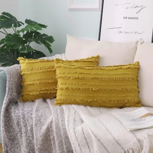 Vista 6 de GYROHOME Paquete de 2 fundas de almohada de algodón y lino, fundas de cojín decorativas, diseño de borlas, fundas de cojín modernas con flecos Beige