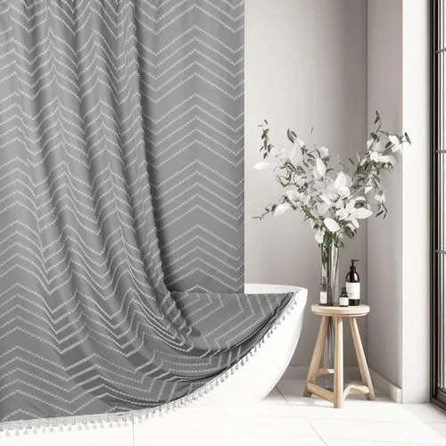 Vista 94 de Cortina de ducha Siiluminisoy de 36x72 beige, cortina de ducha de tela de tamaño pequeño, cortinas de ducha de tela con tufting, diseño chevron a