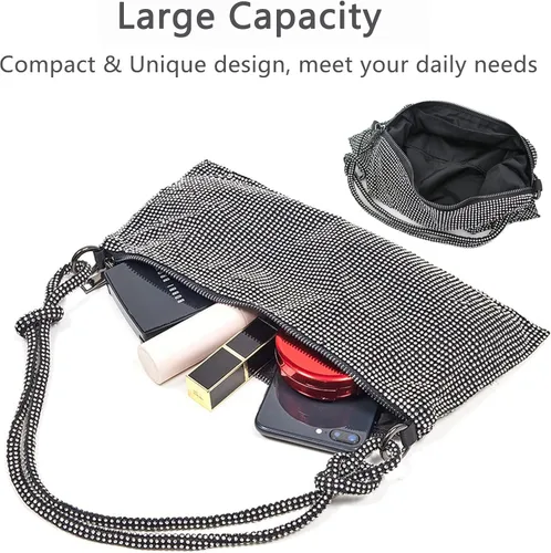 Vista 3 de Bolso Hobo con diamantes de imitación para mujer, elegante bolso de noche brillante plateado con diamantes de imitación, bolso dorado