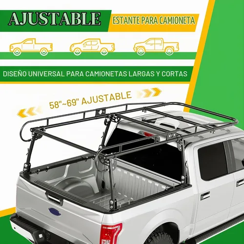 Vista 3 de Rack Ajustable para Camión de Contratistas de 1000 LBS, Escalera, Pickup, Kayak, Rack de Madera, Barra Lateral, Cabina Larga, Tamaño Completo