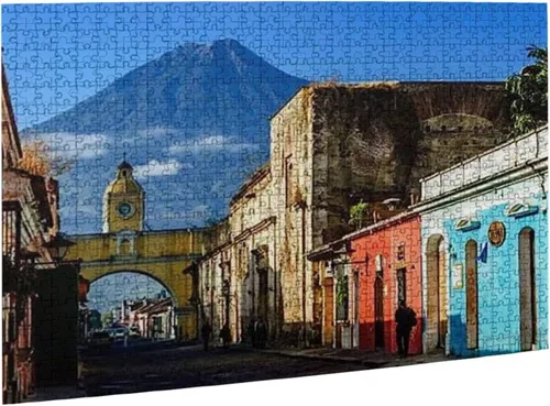 Vista 2 de Famoso rompecabezas de 500 piezas con vista de arco y volcán de Antigua Guatemala, juego de rompecabezas desafiante y estimulante, arte de pared