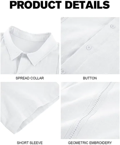 Vista 3 de Ryannology Camisas guayabera de lino de manga corta con botones para hombre, estilo casual, playa, campamento cubano, camisa mexicana para hombre