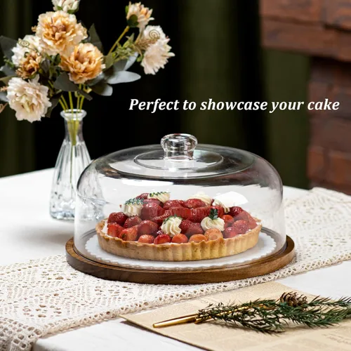 Vista 2 de ANBOXIT Soporte para pasteles con tapa de cúpula, plato de madera de acacia con tapa, soporte de exhibición de pastel de madera con cúpula acrílica