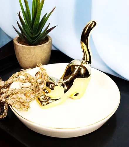 Vista 7 de Ebros - Figura de cerámica chapada en oro para anillo y joyero de porcelana de hueso y soporte para joyería, 4.5 pulgadas de alto, felino curiosidad