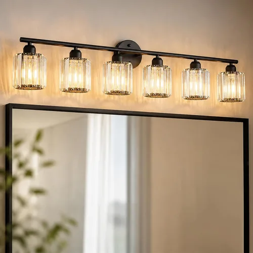 Vista 8 de Lámpara de tocador moderna de cristal de 2 luces, accesorio de luz vertical dorada para baño sobre espejo para mesa de tocador y fregadero