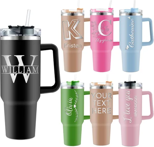 Vista 7 de Vaso personalizado de 40 onzas con asa de nombres, taza de café personalizada con tapas y pajitas, regalos para mujeres, hombres, él, madre, papá