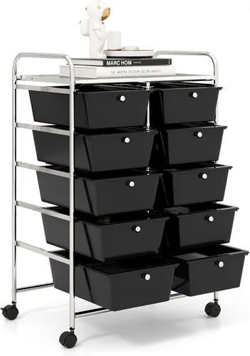 Vista 15 de GOFLAME Carrito de almacenamiento rodante de 9 cajones, carrito de utilidad móvil con cajones extraíbles y marco de metal, carrito organizador