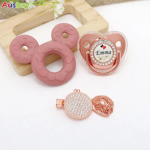 Vista 5 de Juego de chupete personalizado y clip para chupete con nombre, chupete personalizado, nombre y cadena personalizados, juguetes mordedores de Dorado