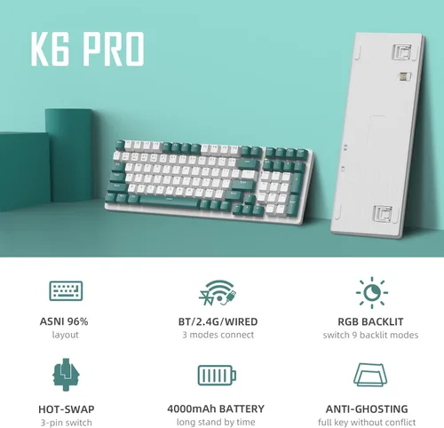 Vista 2 de RK6 Pro Teclado mecánico inalámbrico personalizado para juegos de PC, 2.4G/Bluetooth/USB-C, intercambio en caliente, retroiluminación arcoíris