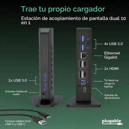 Vista 2 de Plugable Estación de acoplamiento dual DisplayPort y HDMI - Dock USB 3.0 y USB-C para portátil para monitores duales, DisplayLink, Mac